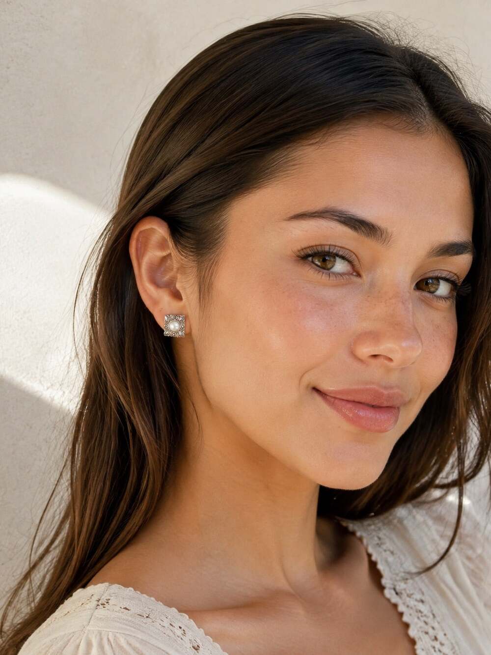 Silver Tone Square Faux Mother-of-Pearl Stud Earrings Embossed Boho